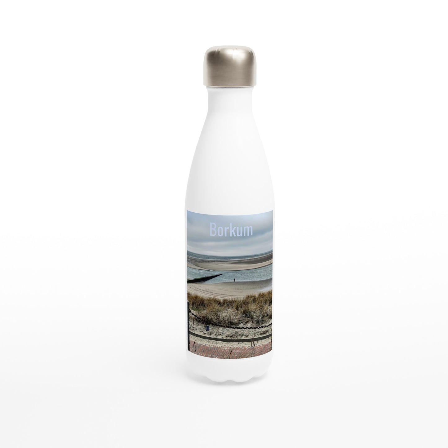 Weiße Edelstahlflasche mit Borkum Motiv