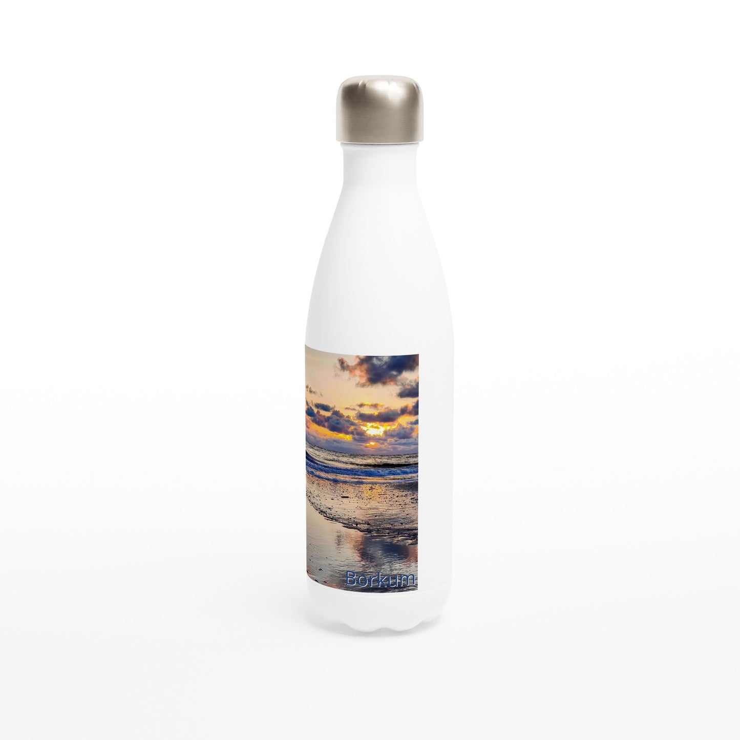 Weiße Edelstahlflasche mit Borkum Motiv