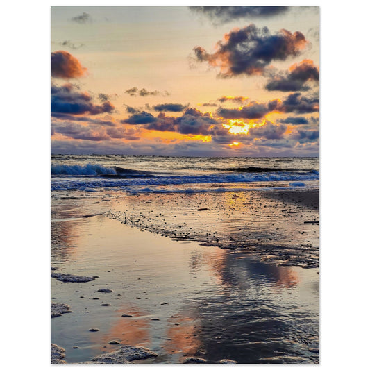 Holzdruck - Sonnenuntergang, Spiegelung am Strand