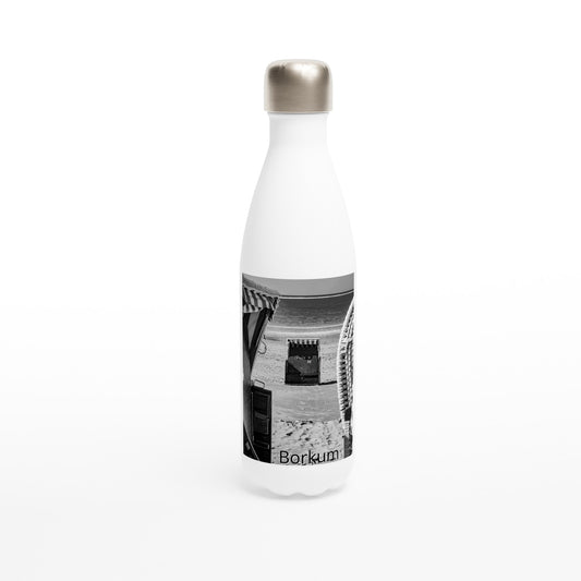 Weiße Edelstahlflasche mit Borkum Motiv